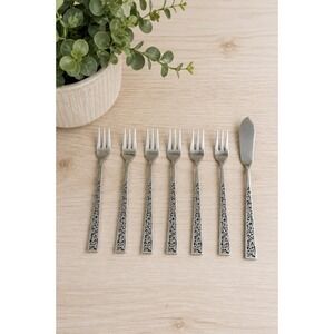 Vintage Japan Luxury Stainless Steel Vine Pattern Cocktail Pickle Fork Set Knife